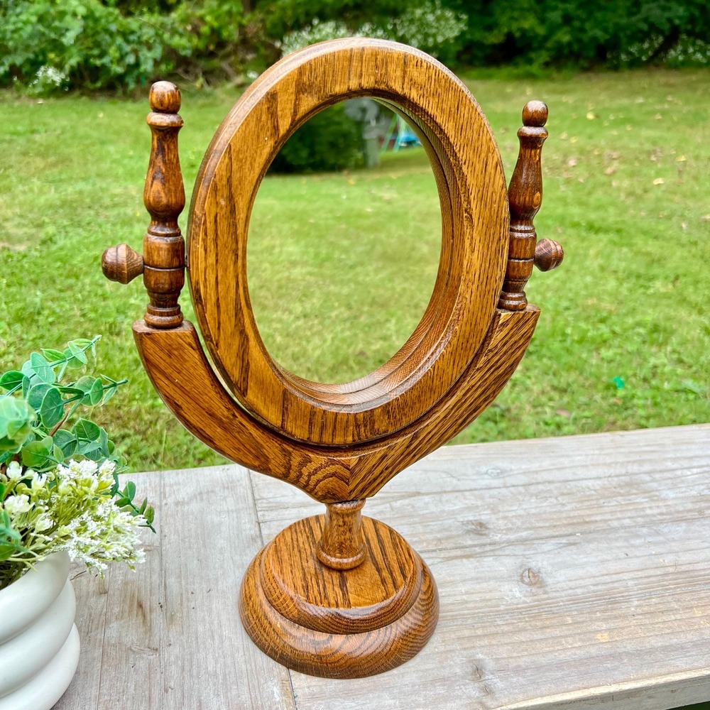 Vintage Wood Vanity Tilt Swivel Mirror | Table Top Mirror